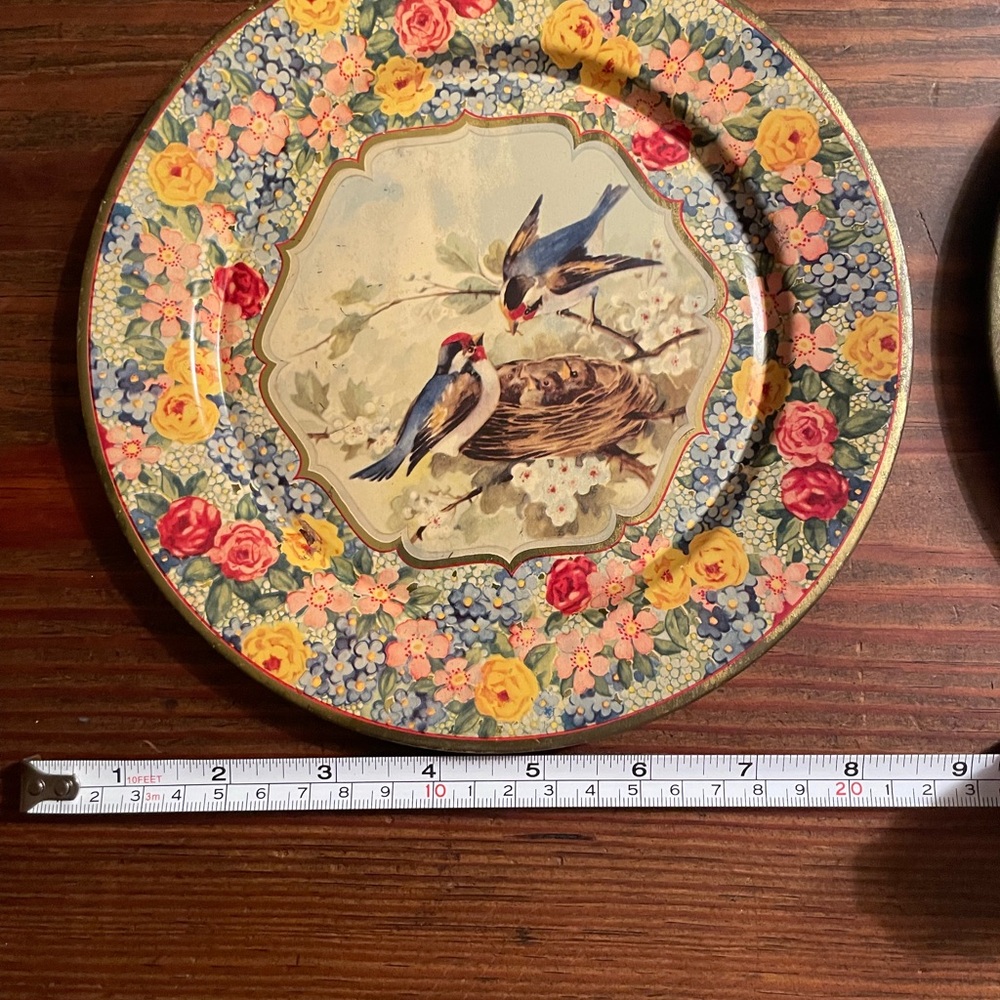 Two tin decorative plates approximately 8” Daher Decorated Ware made in Holland